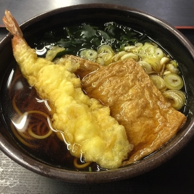 「きつね（￥350）＋海老天（クーポン）」@ゆで太郎 新橋5丁目店の写真