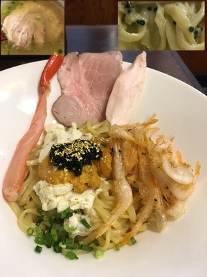 「(限定) 白子ムースと白海老素揚げの海鮮彩和えそば」@麺庵 小島流の写真