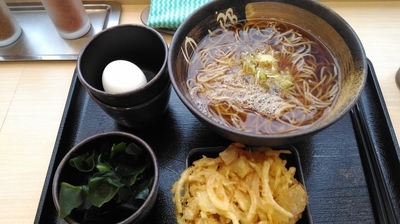 「朝そば(玉子)+かき揚げ (330円+クーポン)」@ゆで太郎 大和下鶴間店の写真