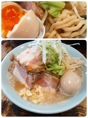 「太麺野菜ブタ増し 自家製味付玉子」@ラーメン 岩佐の写真