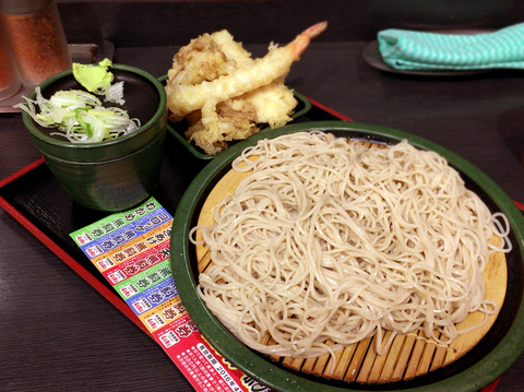 「とり舞茸天もり(480円)+海老天(クーポン)」@ゆで太郎 人形町2丁目店の写真
