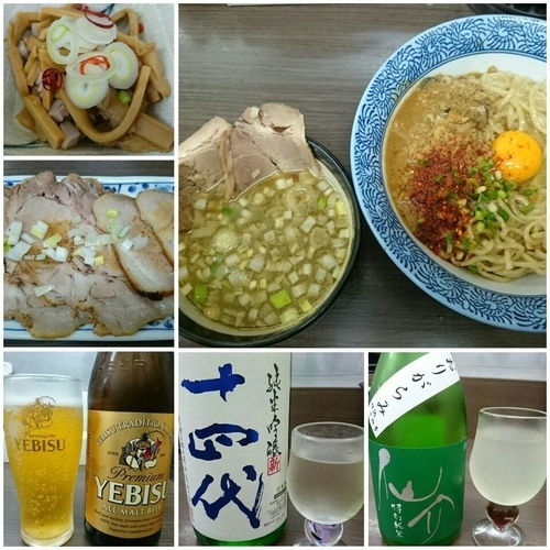 「【季節限定】かま玉つけそば＋びんビール＋日本酒＋おつまみ」@頓知房の写真