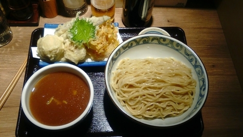 「天丸つけ麺+味玉天+瓶ビール」@東京天ぷらつけ麺天丸の写真
