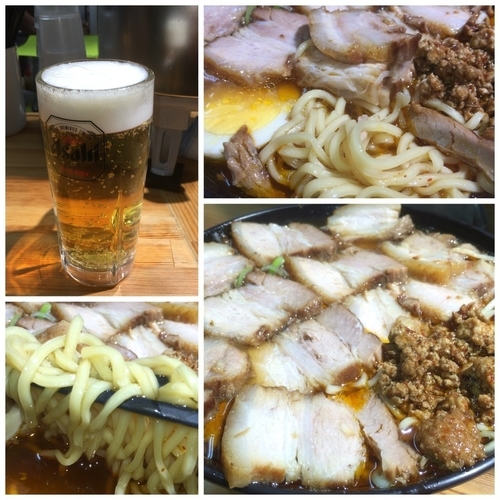 「激辛チャーシュー麺（中）半辛・麺カタメ 800円 ビール」@北大塚ラーメンの写真