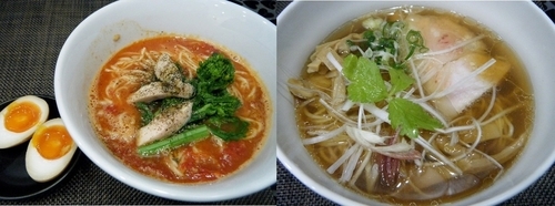 「限定:ﾄﾏﾄと香味野菜の塩らぁ麺780円+赤青醤油880円+」@赤青(MURASAKI)の写真