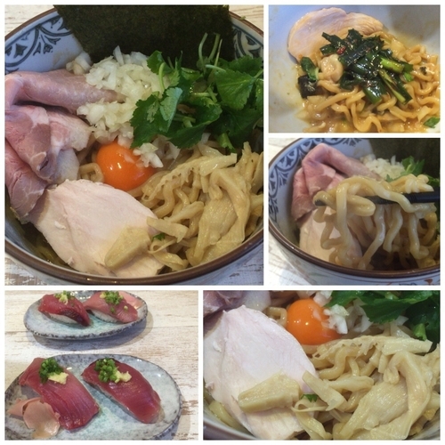 「特製濃厚たまごのまぜそば950円+メジマグロの握り300円」@中華そば 四つ葉の写真