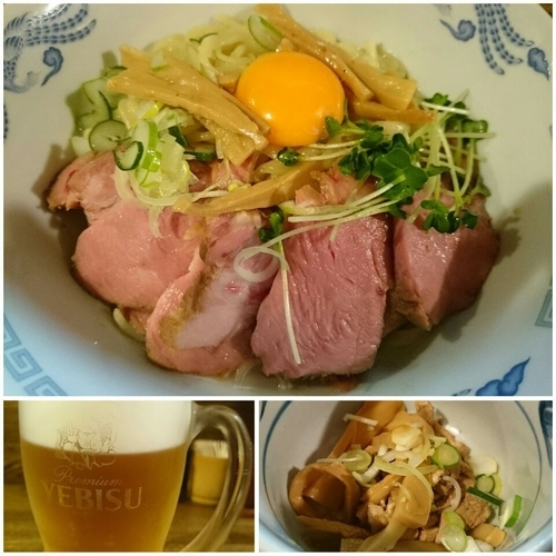 「油そば＋生卵＋ちょっと肉増し×2＋生ビール＝￥1600」@燦燦斗の写真