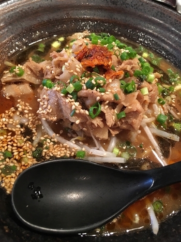 「肉辛ラーメン(880円)+白飯 小(50円)」@麺や すする まる弐の写真