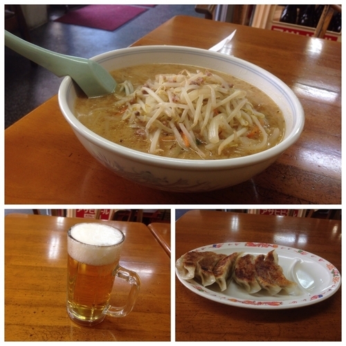 「みそらーめん・焼ギョーザ・生ビール 648円+324円+378円」@中華料理 一番 本店の写真