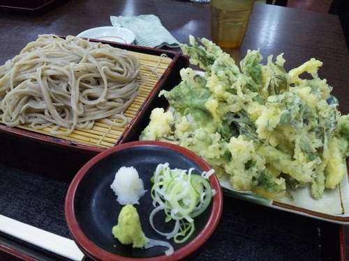 「ざるそば500円＋山菜天ぷら盛り合わせ550円」@手打ちそば そば信の写真
