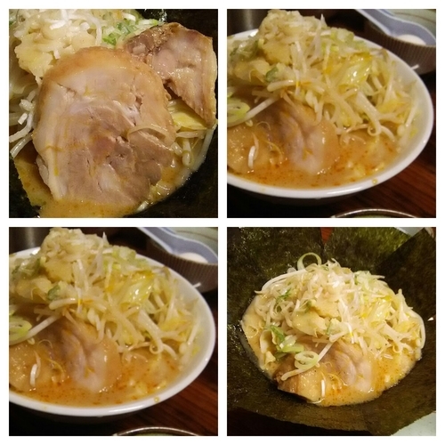 「らーめん豚一切れ（野菜、油、ネギ、ラー油、麺硬め）＋海苔＋卵」@ちばからの写真