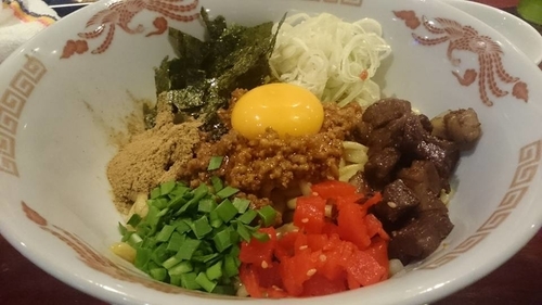 「カレー台湾まぜそば」@麺鶏 宮崎郷土料理どぎゃん 立売堀店の写真