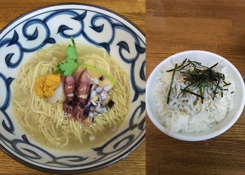 「生帆立に生雲丹に蛍烏賊をのせた、ノドグロと帆立出汁の潮そば」@㐂九家の写真