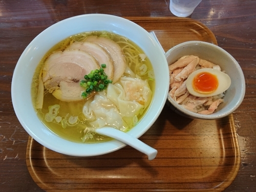 「エビワンタン麺 塩と鶏塩めしミニ」@らーめん 三福の写真