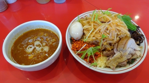「濃厚辛つけ麺(780円)+味玉 ヤサイニンニク空あげ」@用心棒Ⅱ階の写真