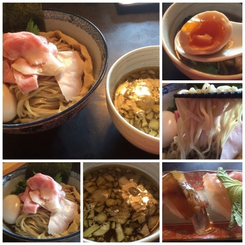 「【気まぐれ限定】煮干つけそば 850円 味玉＋握り300円」@中華そば 四つ葉の写真