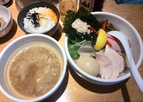 「特製鶏と蛤の濃厚つけ麺+卵かけご飯+&瓶ビール」@Ginza Noodles むぎとオリーブの写真