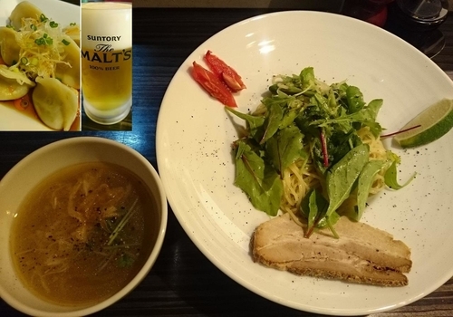 「エビ油そばサラダ仕立て半熟ドライトマト添え（エビつけ汁付き）」@志奈そば 田なかの写真