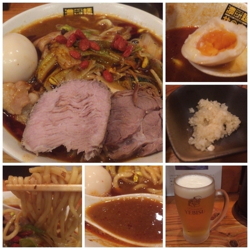 「【限定】中国火鍋風レッド濃菜麺780円ニンニク20円＋ビール」@濃菜麺 井の庄の写真