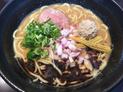 「（SR7限定）香り豚とタマシャモの黒マー油白湯SOBA¥880」@中華そば 輝羅の写真