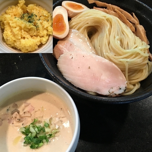 「【限定】冷しホワイトつけ＋味玉＋ターメリックライス」@七福軒の写真
