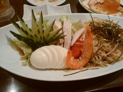 「エビ冷やし(味噌)+餃子&ビール」@麺処 湧光の写真