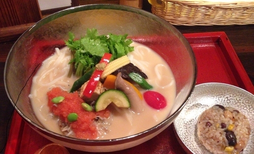 「たらこと彩り野菜の酒粕豆乳米粉麺(おこわ飯付)850円」@米粉厨 嚼夢果の写真