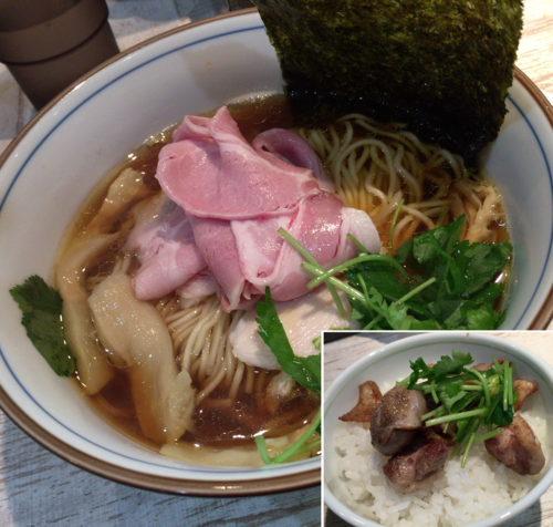 「煮干しそば800円+地鶏の塩焼き丼350円」@中華そば 四つ葉の写真