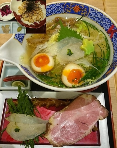 「ふぐだし潮らーめん極み盛り ふぐ茶漬けセット￥1950」@ふぐだし潮 八代目けいすけ 東急プラザ銀座店の写真