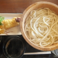 釜揚げうどん特盛490円(1日半額240円)＆はも天160円