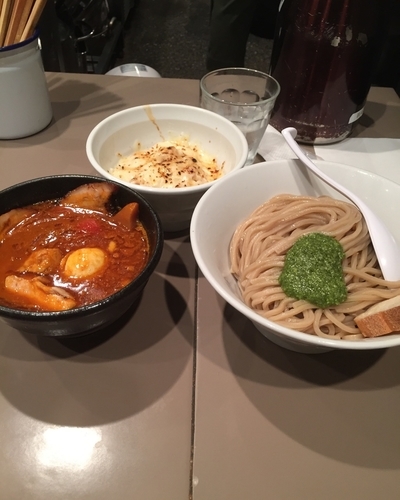 「全部入りトマト海老つけ麺 1150円 チーズご飯 250円」@つけ麺 五ノ神製作所の写真