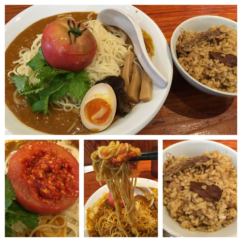 「冷製スパイシーカレー和え麺丸ごとトマトのせ《パクチーを添えて》」@麺や 来味の写真