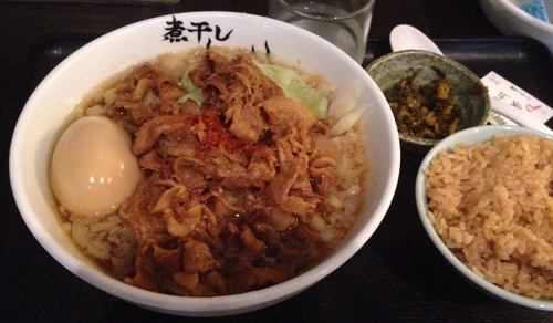 「スタミナ豚肉そば(限定)＋味玉＋煮干ごはん(小)」@煮干しらーめん青樹 立川店の写真