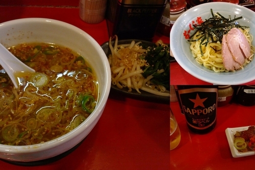 「大盛つけ麺＆瓶ビール＆青とうがらし」@おーくら家 本店の写真
