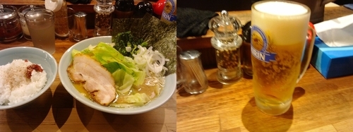 「豚骨ラーメン＆キャベツ＆ライス＆生ビール」@鶴一家の写真