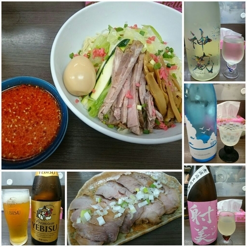 「【季節限定】冷やし辛つけそば＋プレミアム日本酒＋びんビール」@頓知房の写真