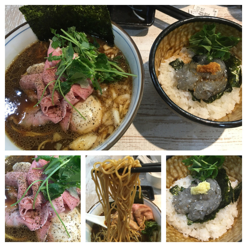 「気まぐれ限定 四つ葉ブラック 850円＋生しらす丼 350円」@中華そば 四つ葉の写真