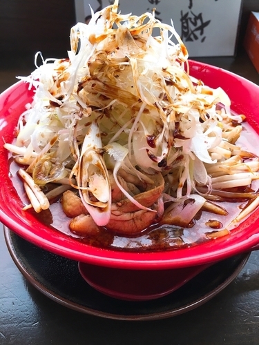 「赤醤油ラーメン 刻みネギ盛り 玉ねぎ増し デスステージLv2」@男気らーめんアカギ 栃木佐野店の写真