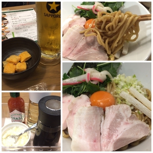 「濃厚卵のまぜSOBA 840円＋ビール」@むぎとオリーブ さいたま新都心店の写真