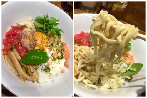 「＜夜限定＞冷製サーモンのまぜそば￥800」@寿製麺よしかわ 川越店の写真