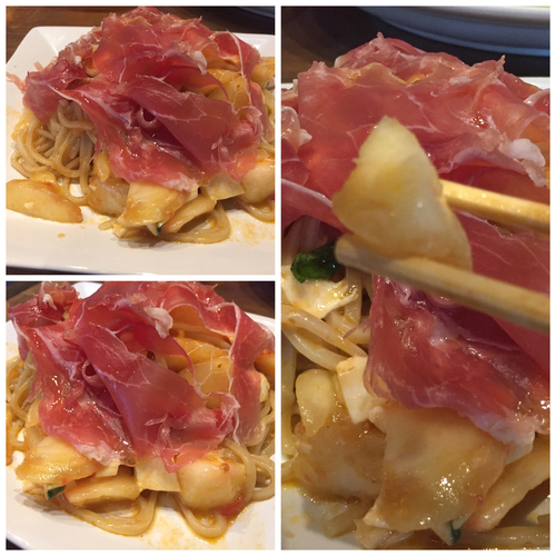 「【きまぐれ限定】桃と生ハムのガトリング＋ビール＆ワイン」@ラーメンアキラの写真