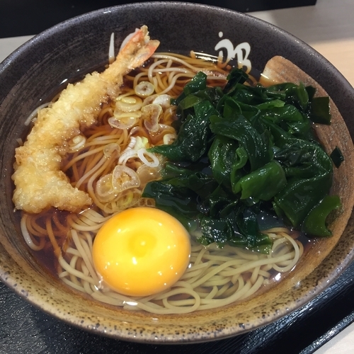 「朝そば(玉子)(¥330)+海老天(クーポン)」@ゆで太郎 相模原小町通店の写真