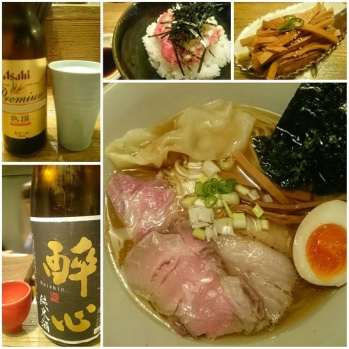 「特製にぼらあ＋メンマ＋実家の魚飯＋ビール＋厳選日本酒」@Homemade Ramen 麦苗の写真