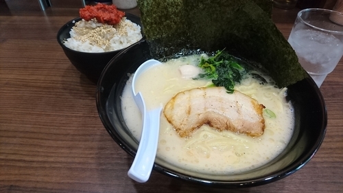 「塩ラーメン(麺硬め・味濃いめ)＋ライス(サービス)」@横浜家系らーめん 魂心家 藤沢店の写真