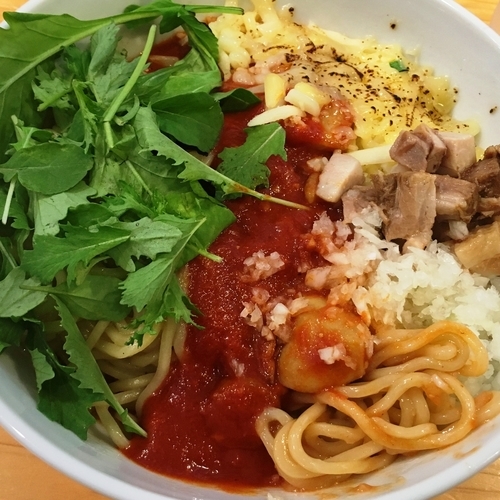 「シーフードトマトまぜそば（大375ｇ）＋追い飯（小）」@活龍まぜそば専門 天地の写真