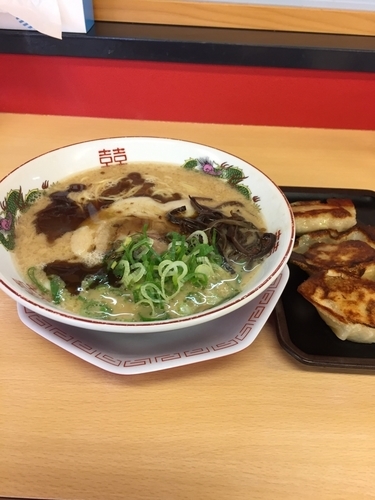 「やみつきラーメン+でか餃子セット」@博多金龍 山口光店の写真