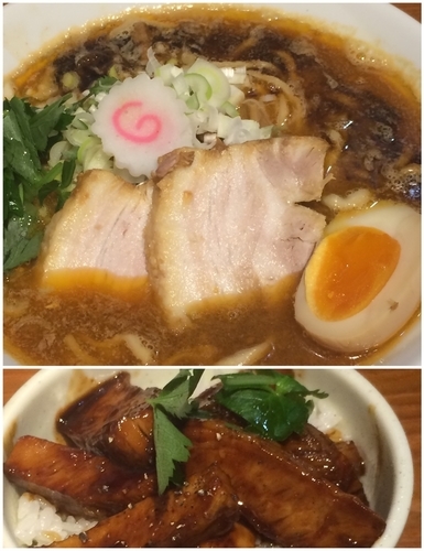 「味噌そば+豚ステーキ丼」@麺や百日紅の写真