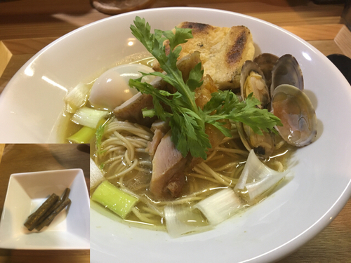 「【気まぐれ】あさりと蟹の味噌そば牛蒡のコンフィ添え830円」@中華そば 先崎の写真