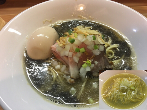 「味玉煮干しそばイカバターソース添え830円、純貝かけそば」@中華そば 先崎の写真