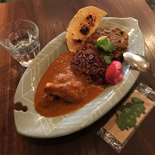 「丹後産猪カレーと長期成熟鶏チキンカレーの合がけ」@森林食堂の写真